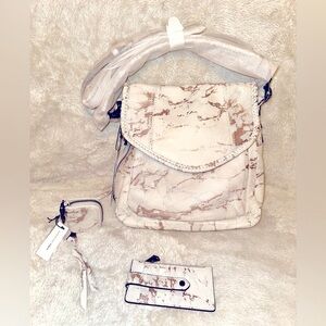 New Aimee Kestenberg Rose Gold Marble All For Love Bag, Purse Charm & Val wallet